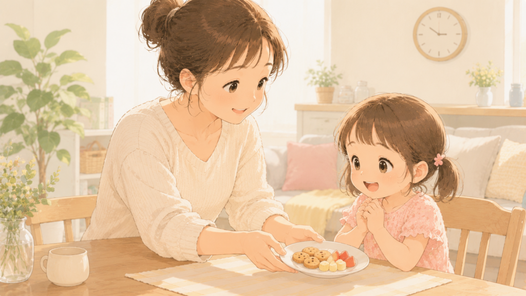 おやつの量を決めてお皿に盛り付ける親子の様子