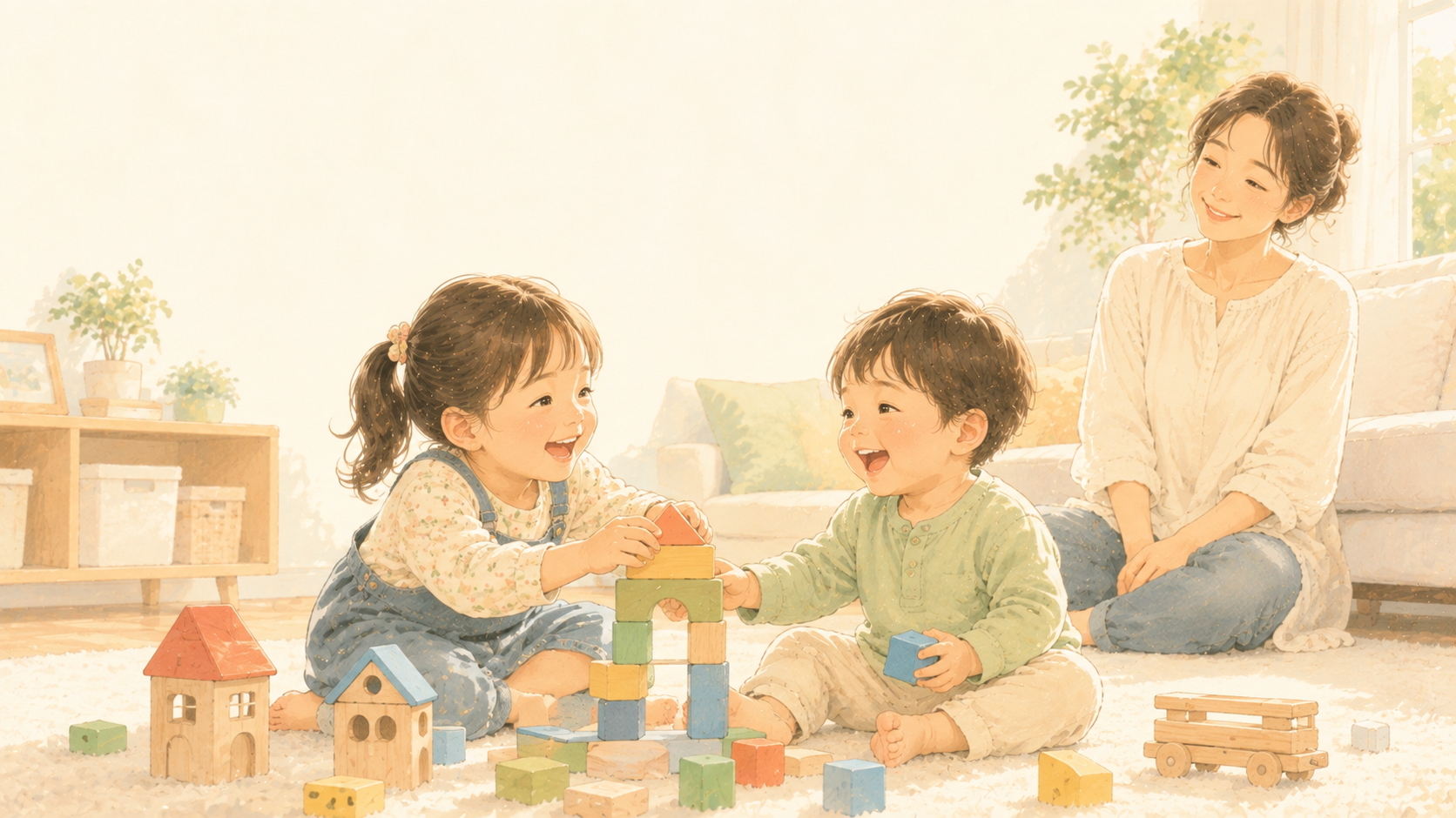 仲よく遊ぶきょうだいを見守る母親のイラスト