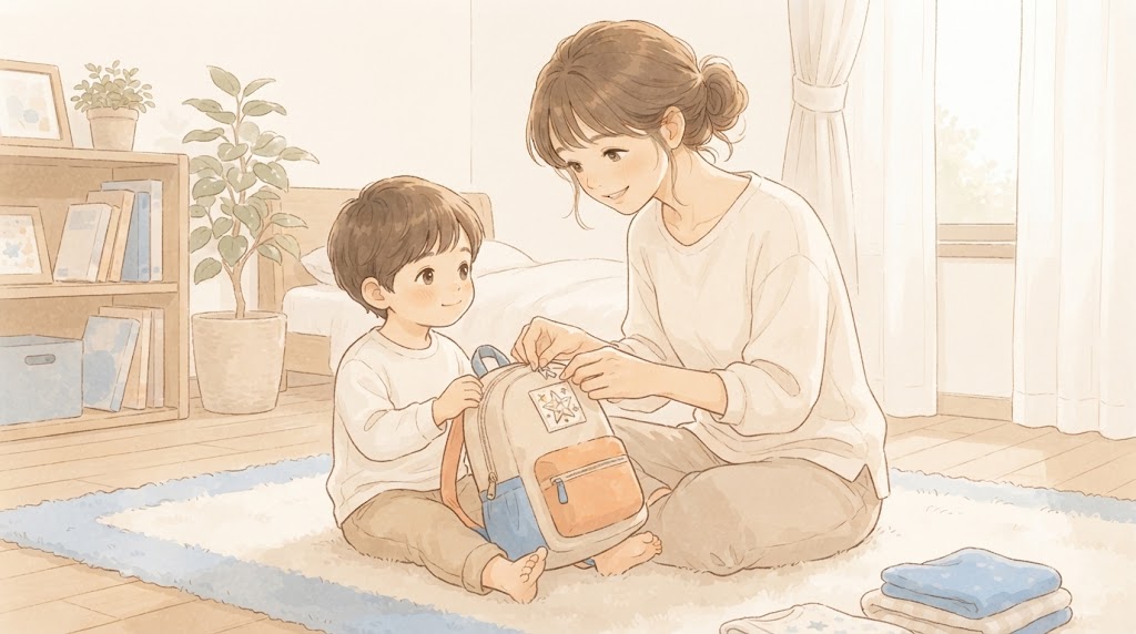 アレルギー表示ワッペンをつけた子供の持ち物のイラスト