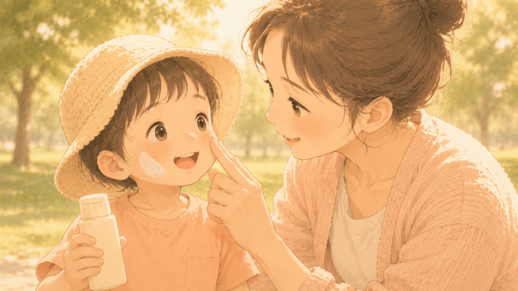 公園で子供へ日焼け止めを塗る親の様子
