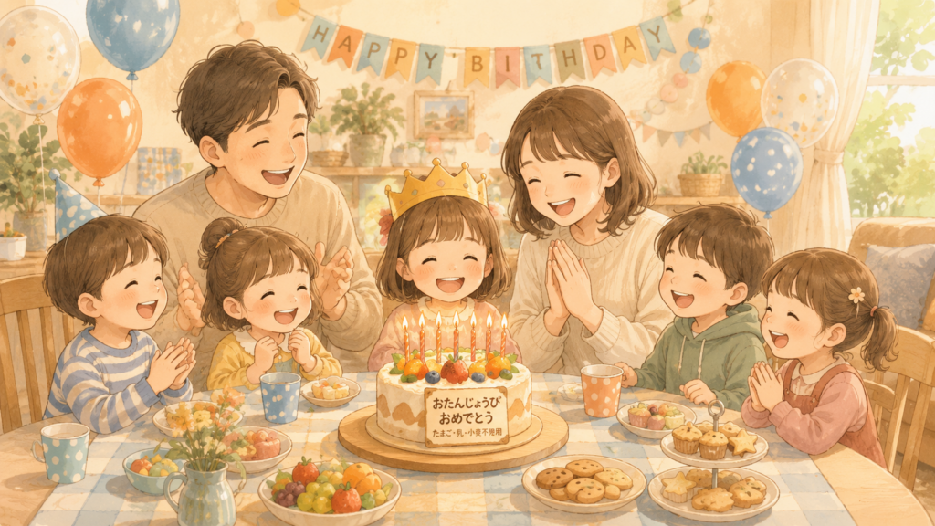 アレルギー対応のケーキを囲む誕生日会のイラスト