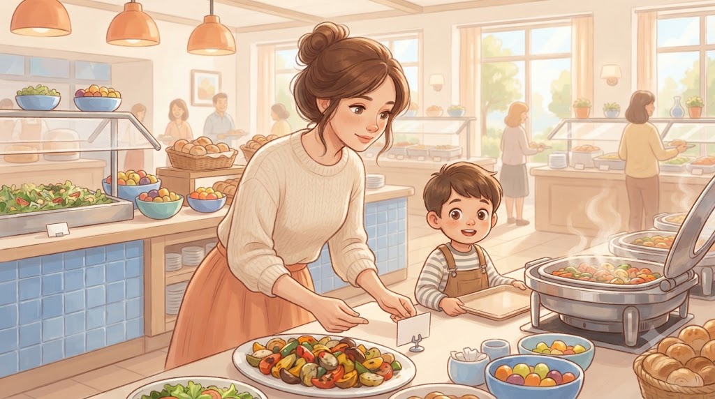 宿泊先のビュッフェで料理を確認する親子のイラスト