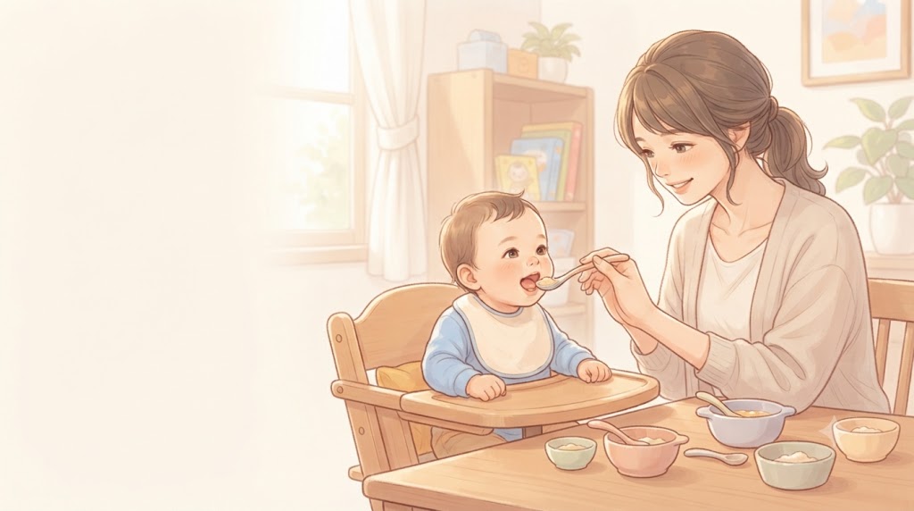 離乳食のスプーンで赤ちゃんに食べさせる母親のイラスト