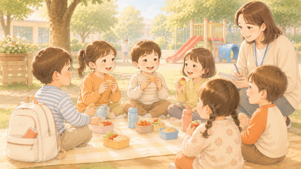お友達とおやつを楽しむ中で、さりげなくエピペンを携帯する子供の様子のイラスト