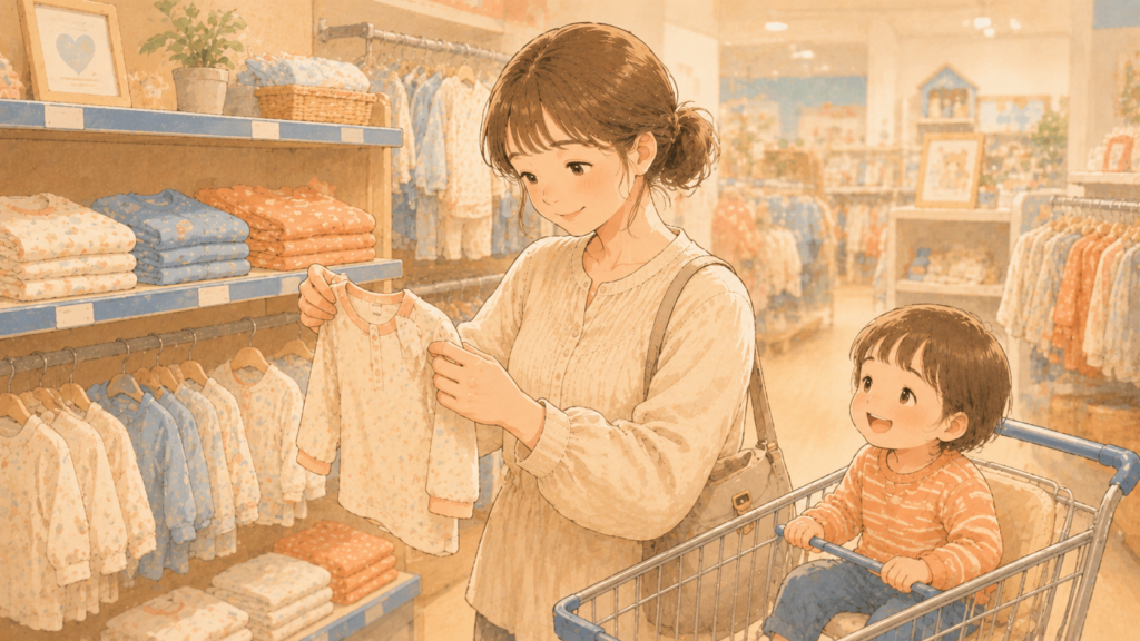 子供服売り場で肌着を選ぶ母親のイラスト