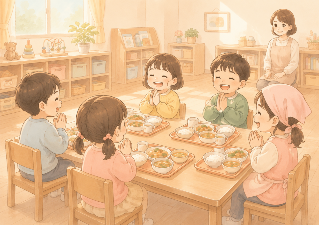 幼稚園で園児たちが給食を前にいただきますをしている様子