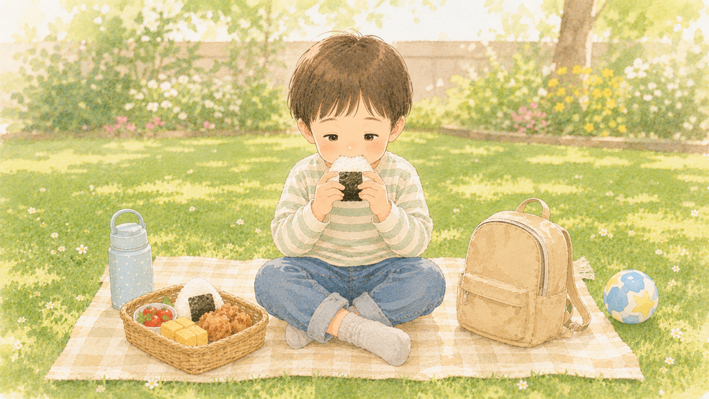 子供がおにぎりを食べている