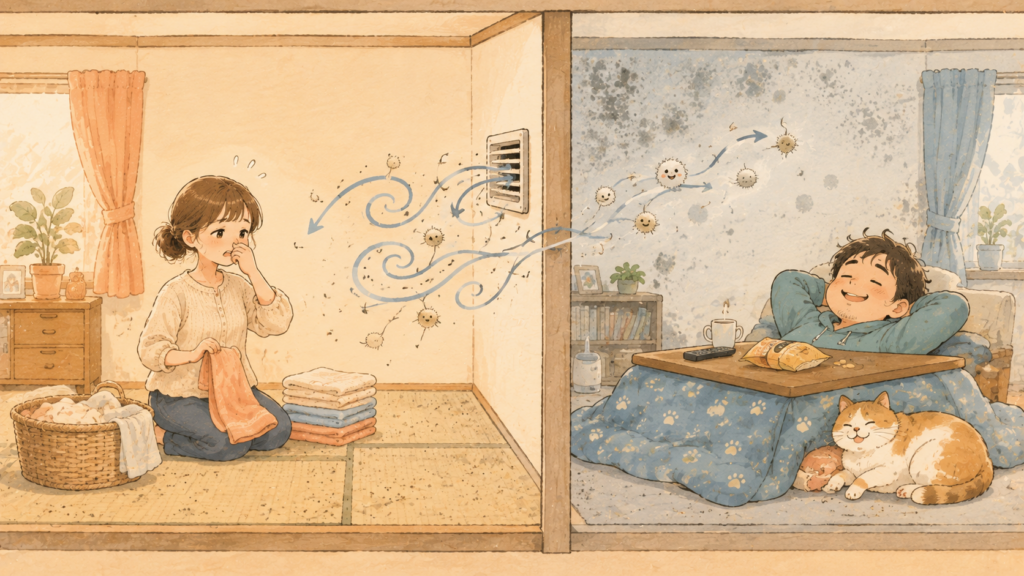 隣室からの臭いやペットの毛が入り込む様子を示したイラスト