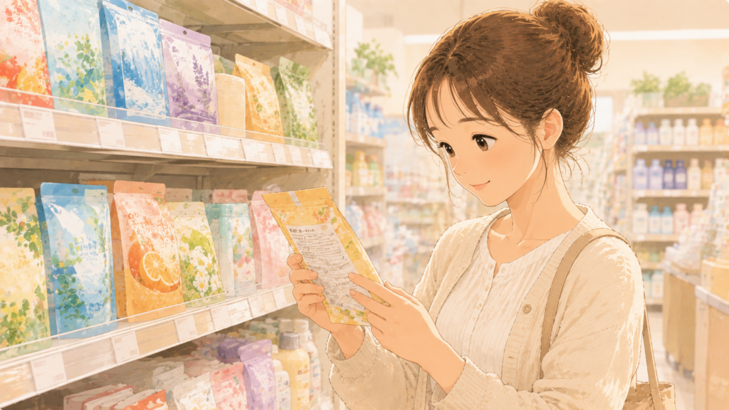 ドラッグストアで入浴剤を選ぶ母親のイラスト