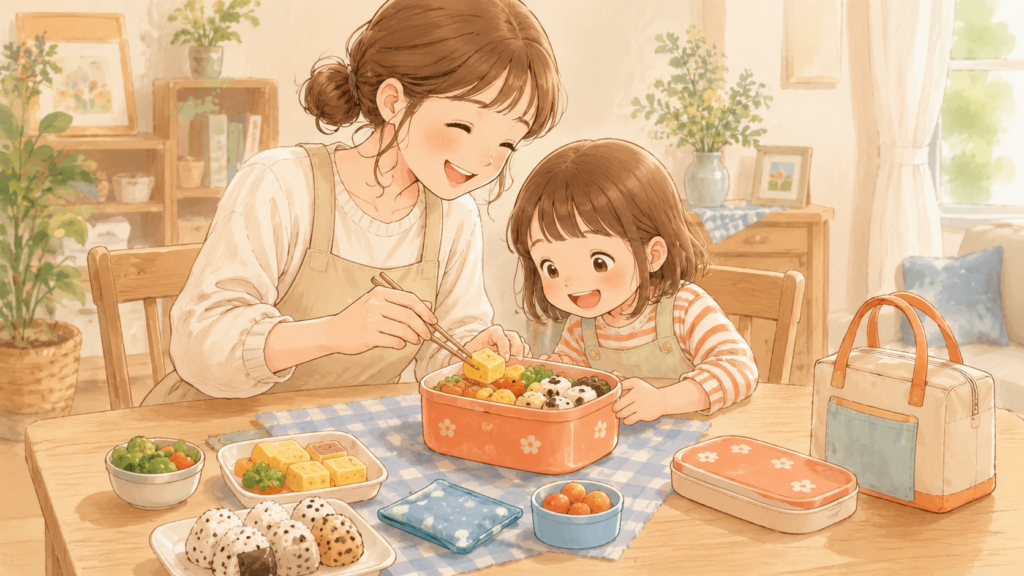 遠足のお弁当を用意する親子のイラスト