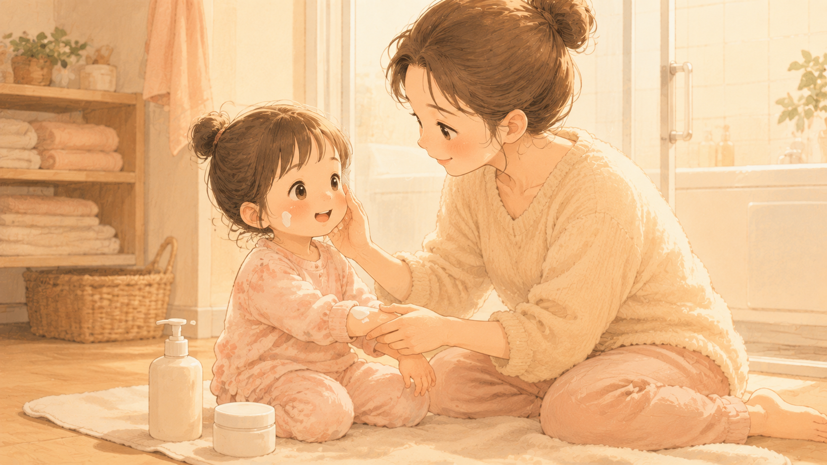 お風呂上がりに子供へ保湿クリームを塗る親の様子