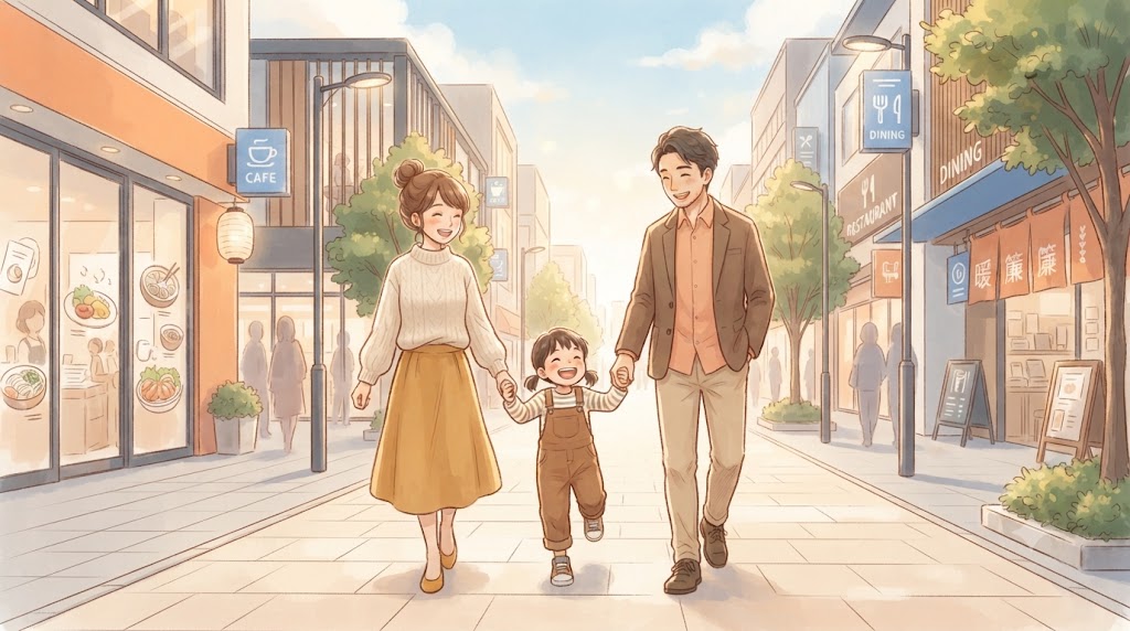 食物アレルギーの子と家族が外食に向かう様子のイラスト