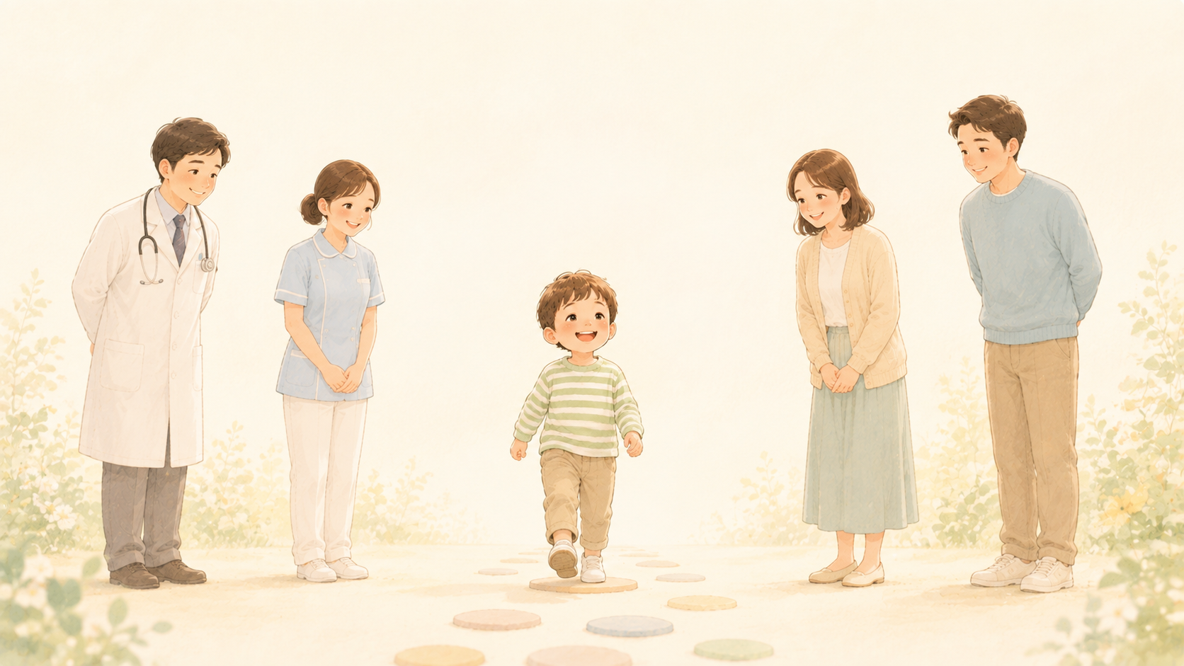 子供を中心に、両親や医師など様々な立場の人が支える様子のイラスト