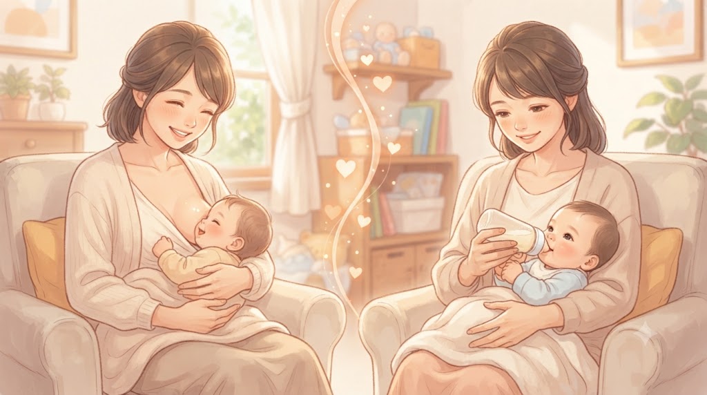 母乳育児とミルクを足す育児、どちらも安心できる選択肢であることを示すイラスト