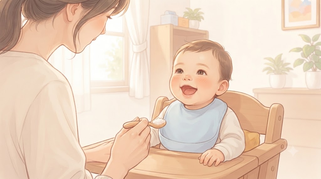 スタイをつけて離乳食を食べる赤ちゃんのイラスト