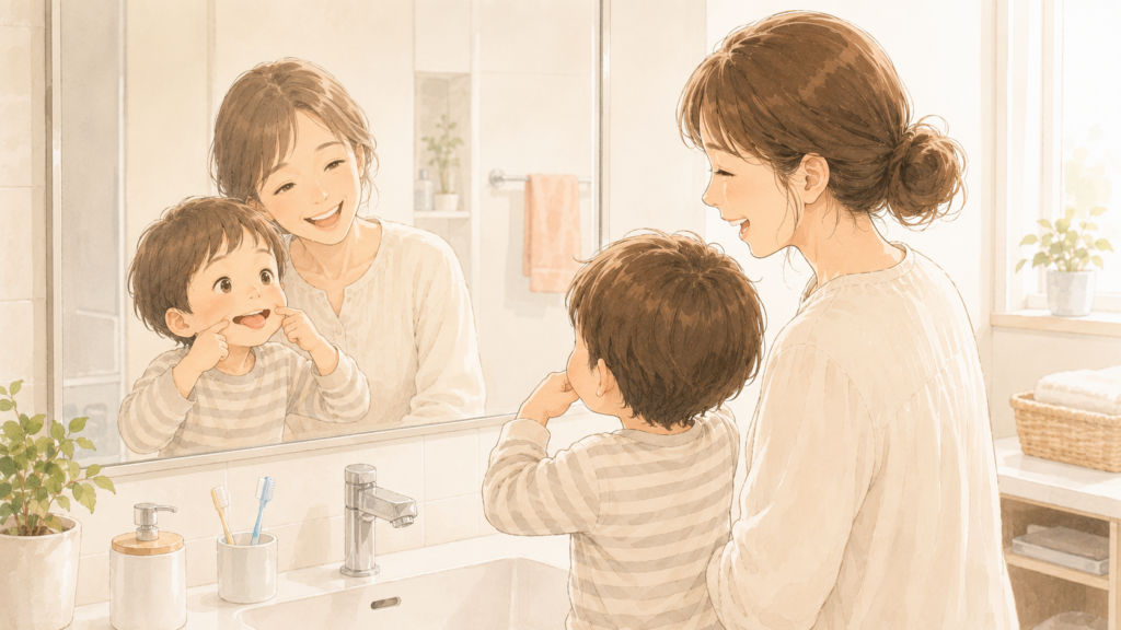 洗面所で子どもと一緒に鏡を見ながら笑い合う親子