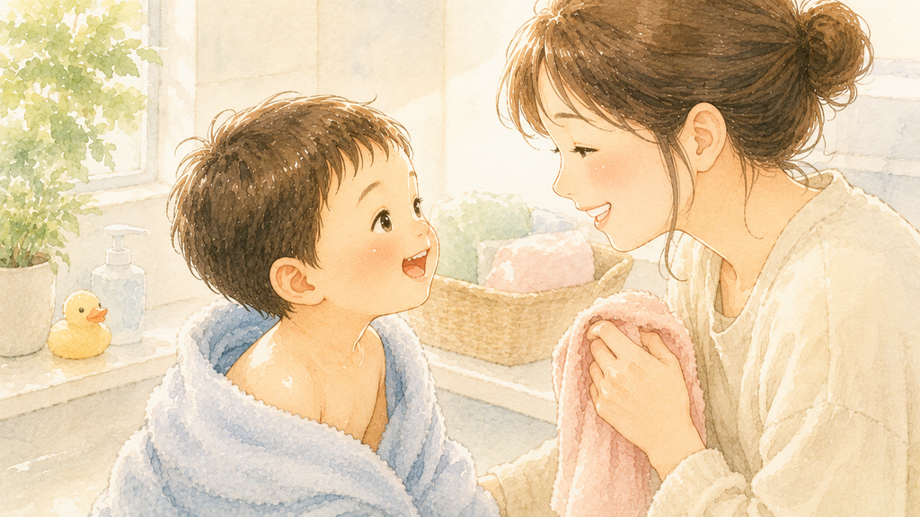 お風呂上がりの笑いあう親子