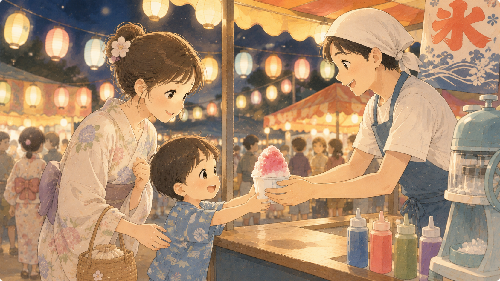 お祭りでかき氷を買う様子