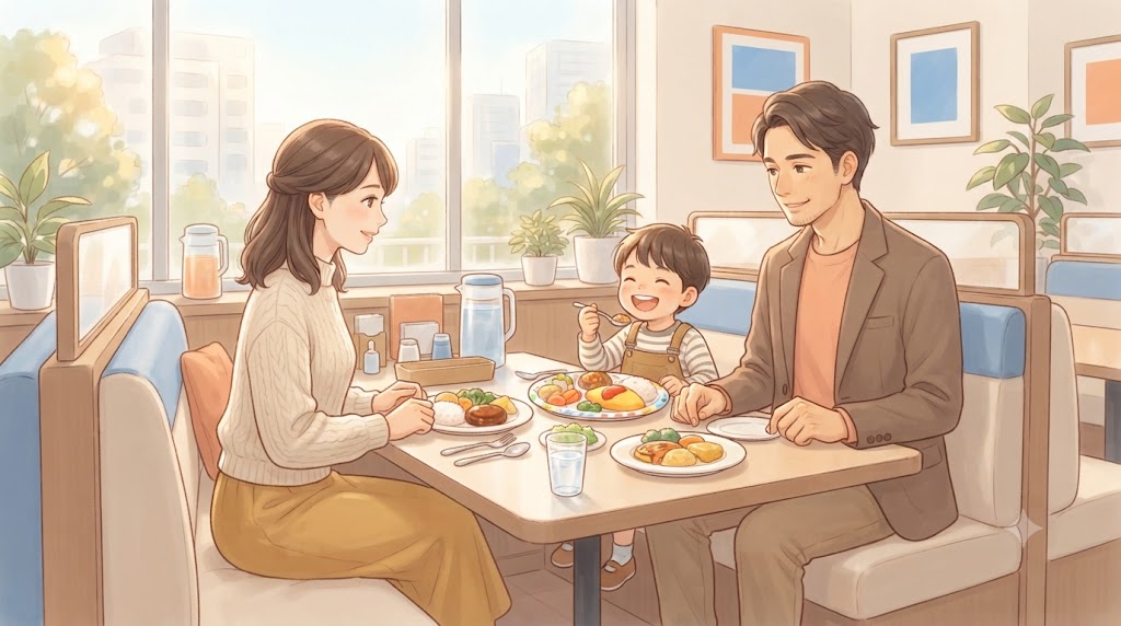 食物アレルギーの子がファミリーレストランで家族と食事を楽しむ様子のイラスト