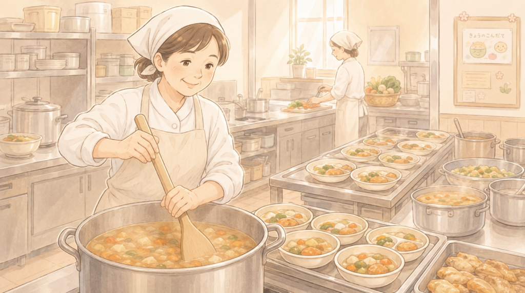 給食のおばちゃんが給食を作っている絵
