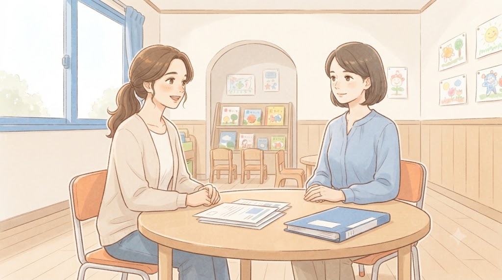 先生と保護者がアレルギーについて面談する様子のイラスト