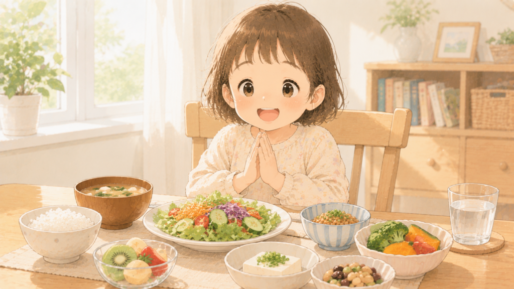 野菜中心の食事が並ぶ食卓に座る子供の様子