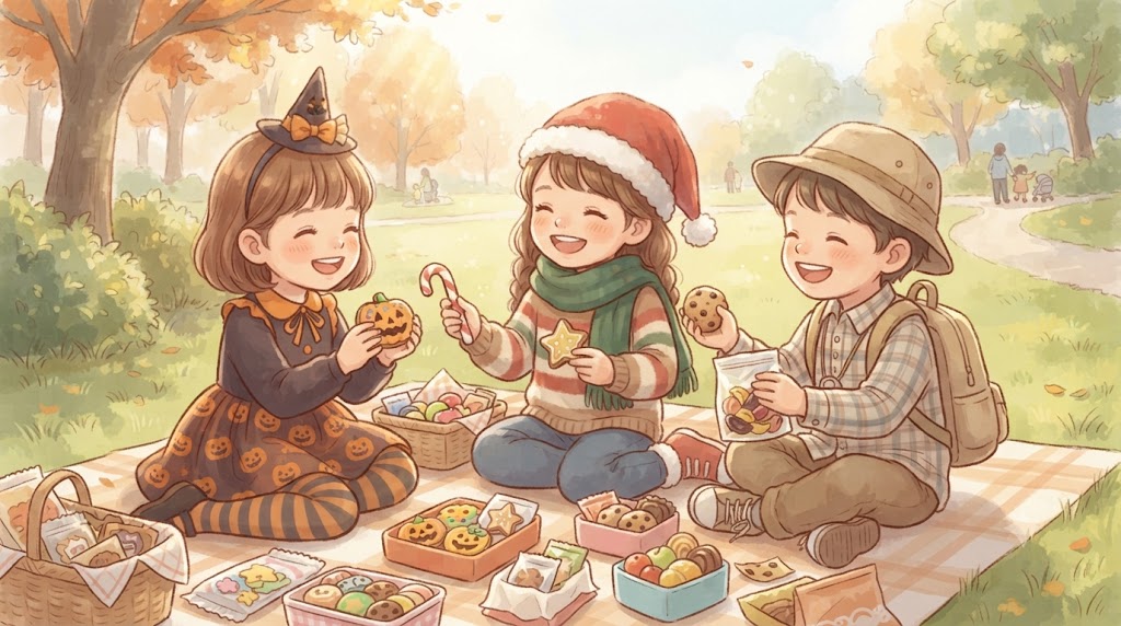 ハロウィン・クリスマス・遠足の子供たちがおやつを交換する様子のイラスト