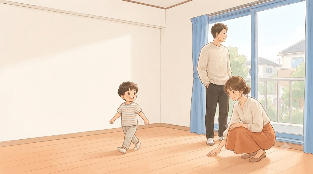 家族で新居を見学している様子のイラスト