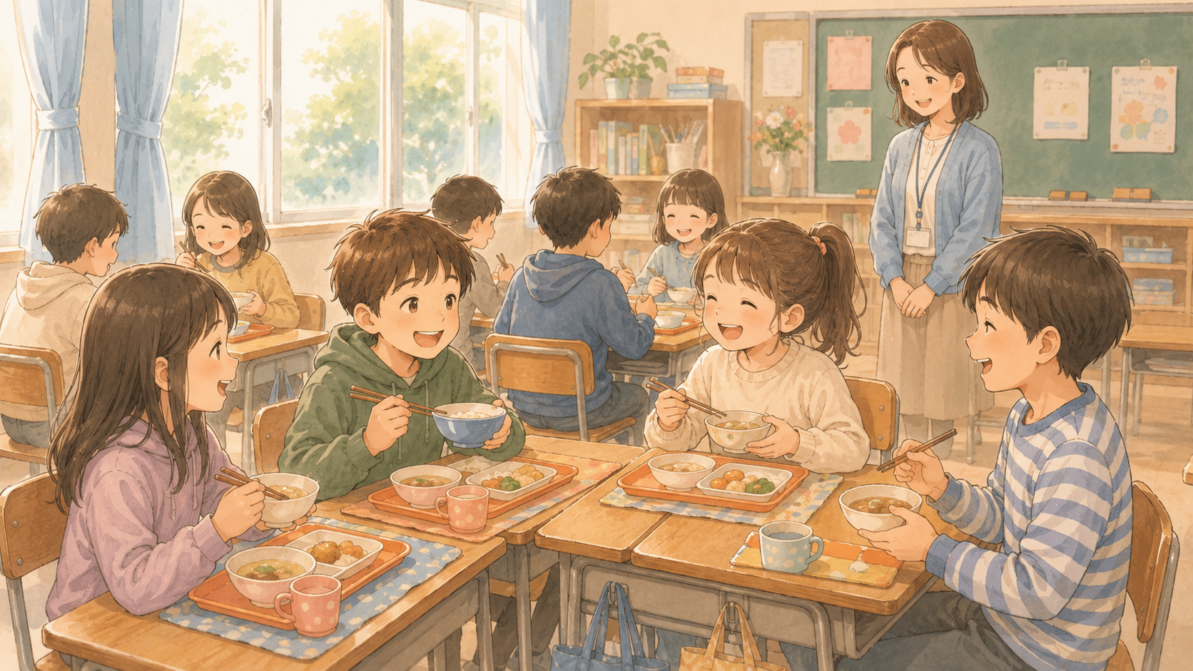 先生が見守る中、教室で給食を食べる子供たちのイラスト