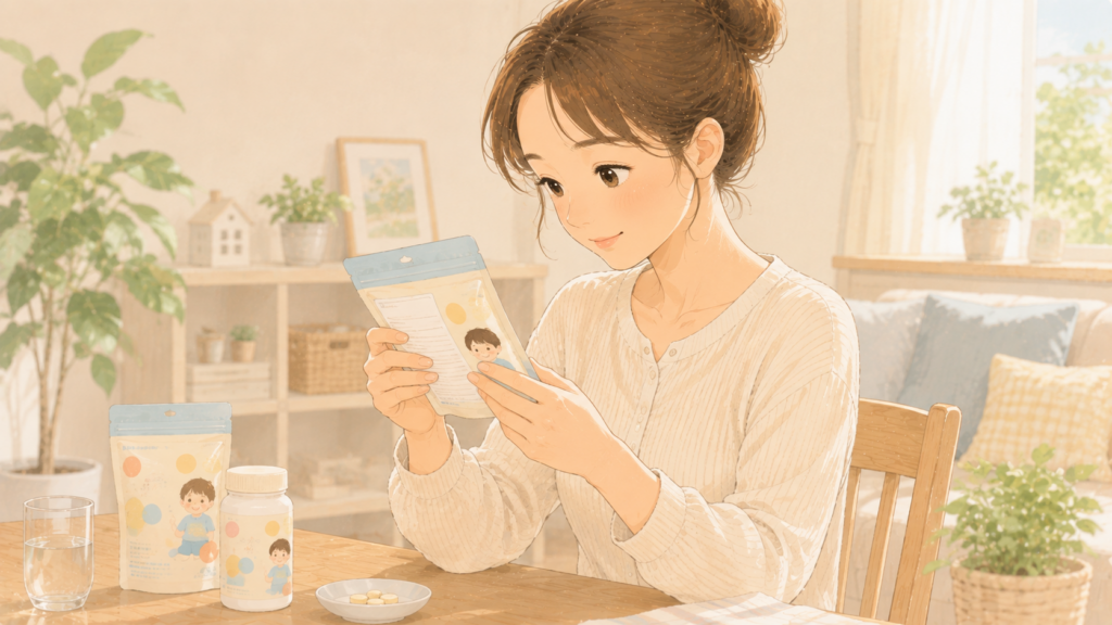 サプリメントの原材料表示を確認する親のイラスト