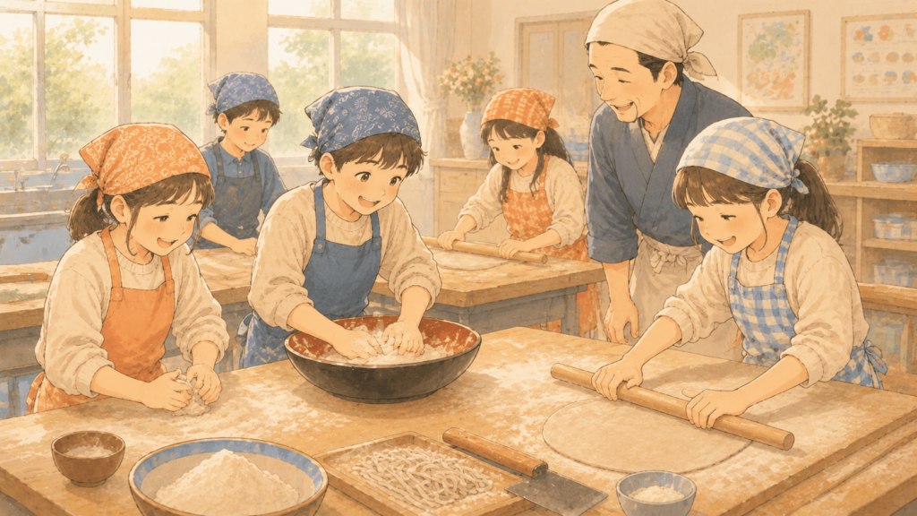そば打ち体験を行う子供たちのイラスト