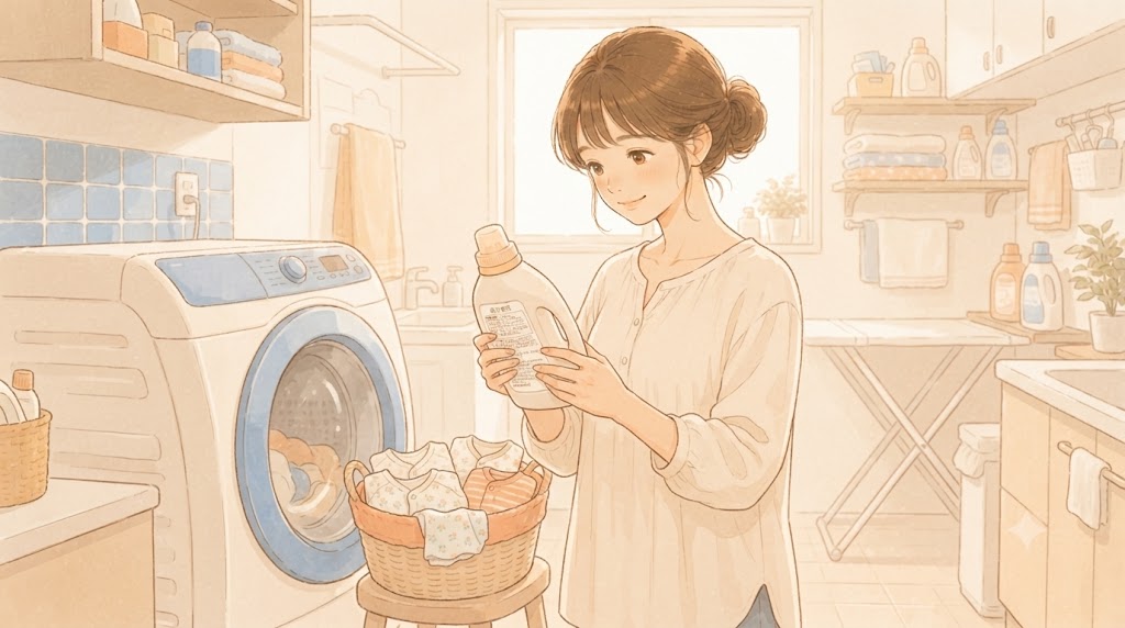 洗濯機の前で洗剤を選ぶ母親のイラスト