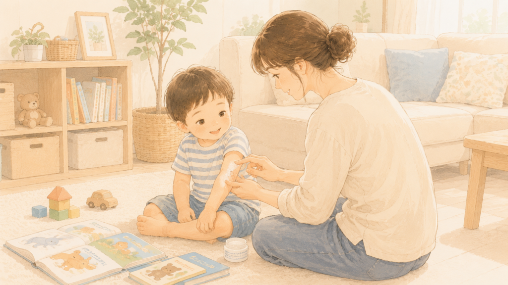 リビングで保湿剤・軟膏を塗る場面