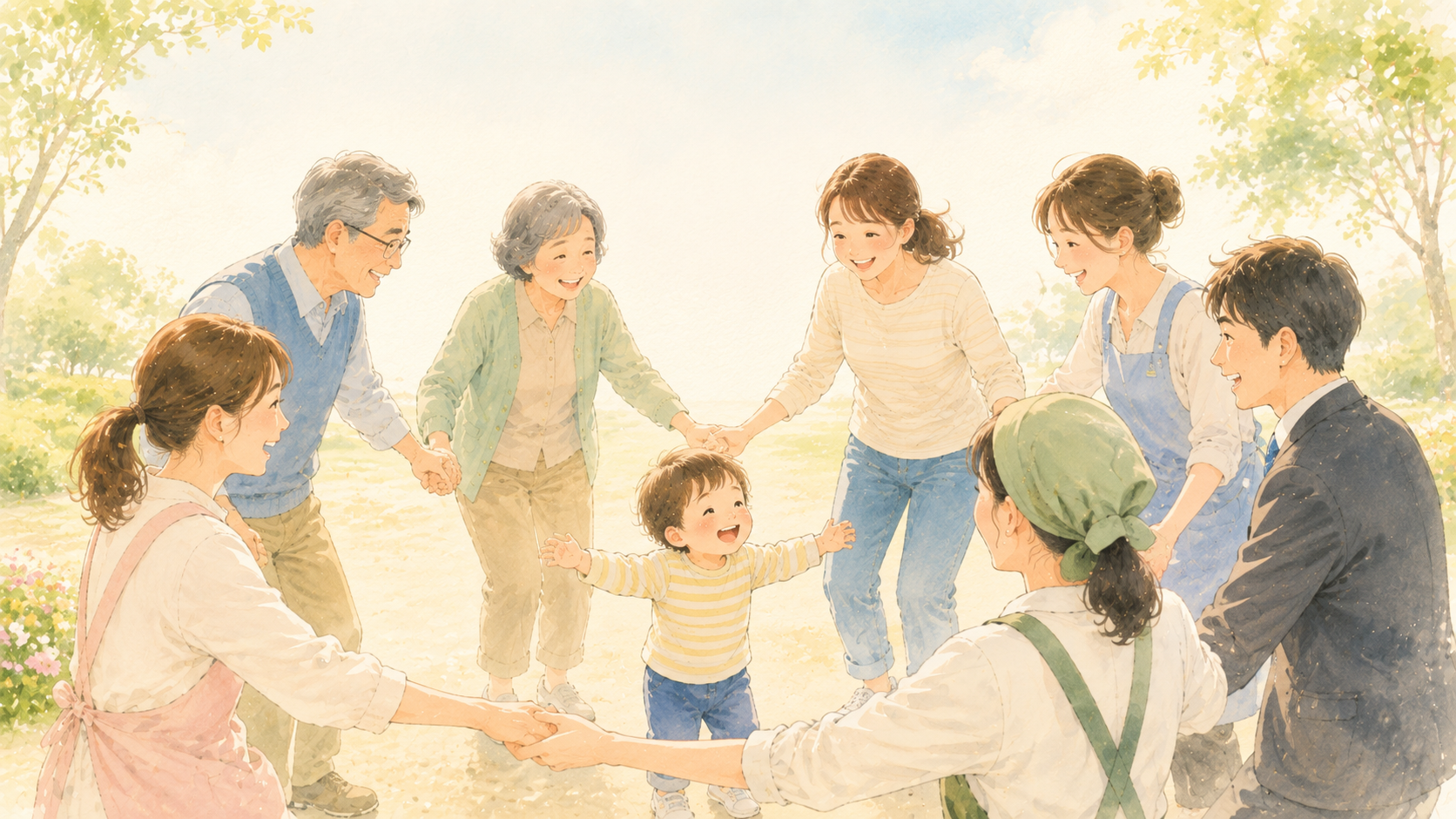 子供を中心に、家族や先生、地域の人々が手をつなぎ合う輪のイラスト