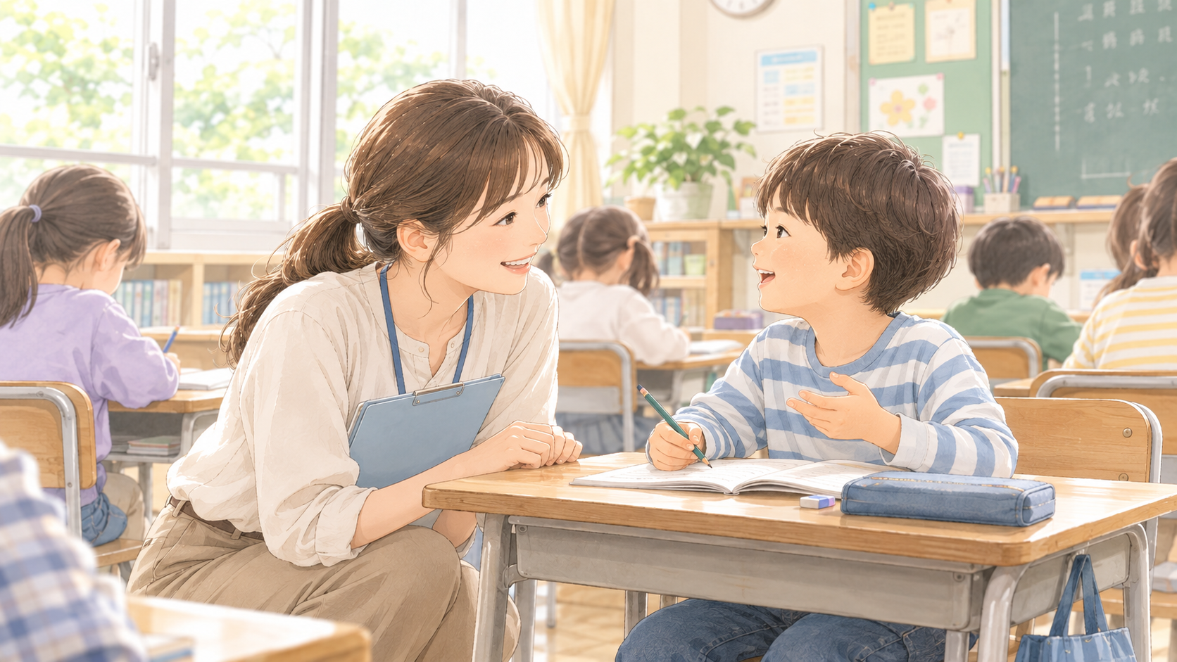 先生と生徒がおしゃべりしている様子