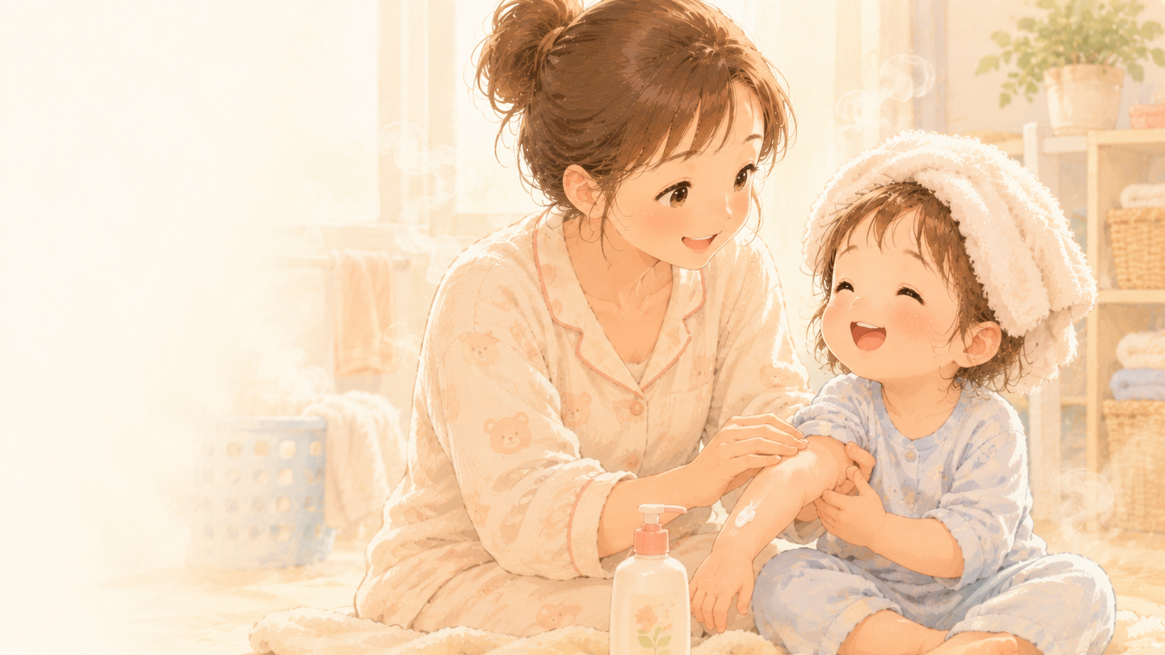 お風呂上がりに保湿クリームを塗ってもらう親子のイラスト