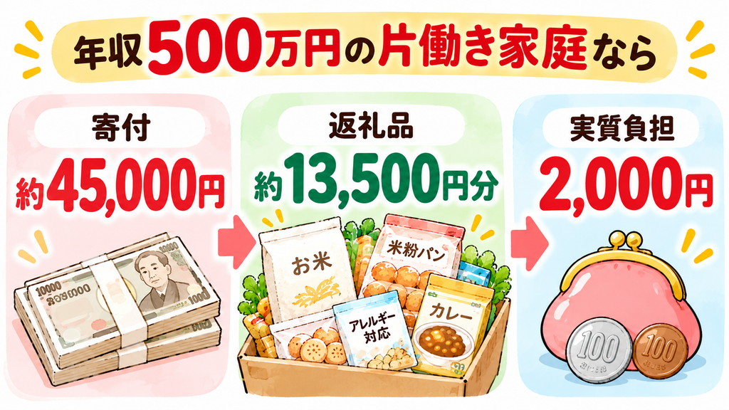 年収500万円の片働き家庭なら、実質2,000円で約13,500円分の食品が届く