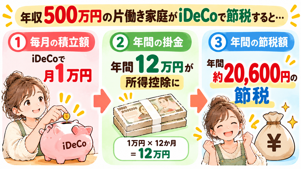 年収500万円の片働き家庭が月1万円積み立てると、年間約20,600円の節税