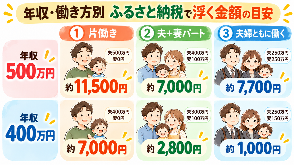 世帯年収400万円・500万円、働き方3パターンで計算