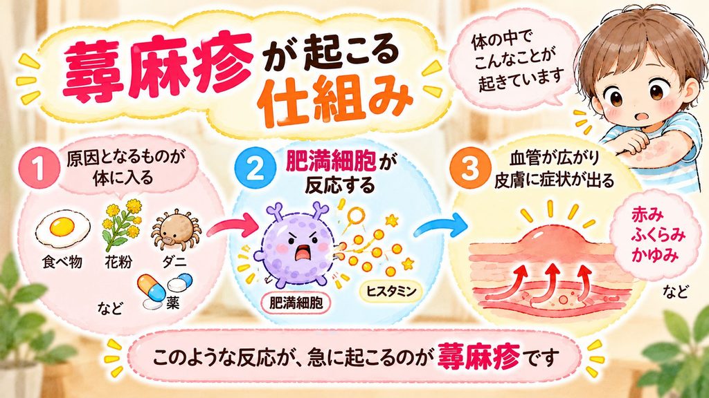 「肥満細胞」から「ヒスタミン」の放出でおきる